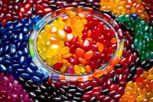 jellybeans arranged by color